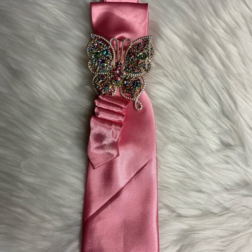 Pink Satin Hair Ribbon with Butterfly Brooch